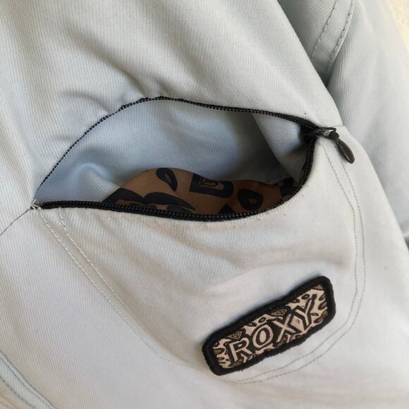 Roxy Hooded Jacket Women L Baby Blue Animal Print Lined Faux Fur Snow Ski Winter - Picture 4 of 14